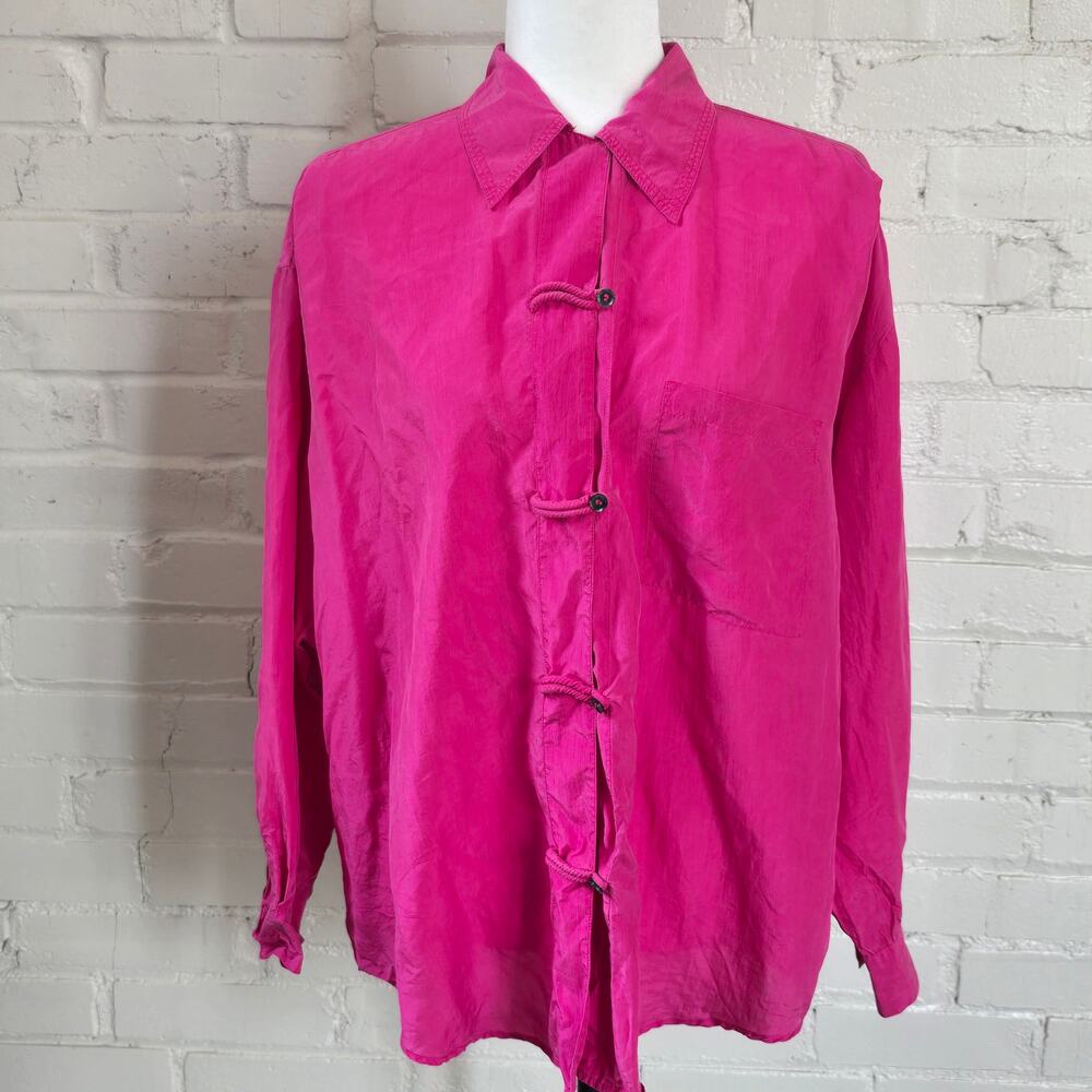 Vintage 80's Jonathan Martin 100% Silk Toggle Button Blouse Pink Long Sleeve Top
